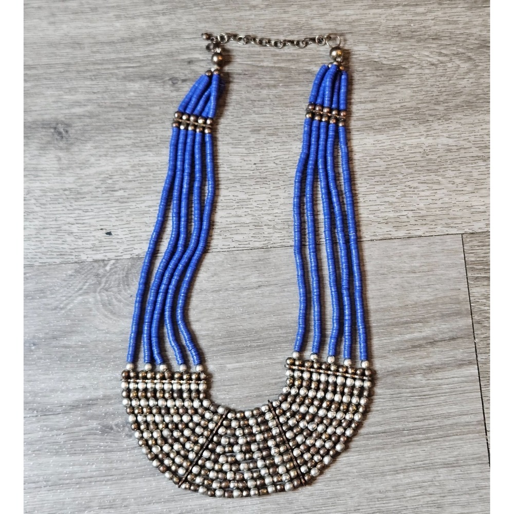 Beaded Necklace Statement BLUE silvertone Bib Multi Strand Layers Jewelry